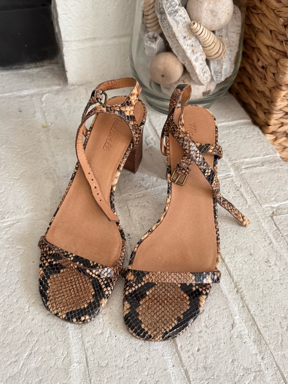 Madewell Edie Snake Embossed Leather Strappy Block Heel Sandals Size 8.5